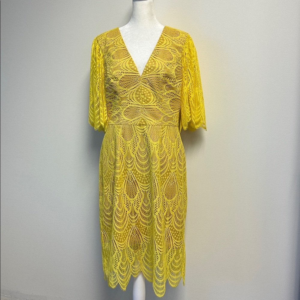 Dress the Population Mia Lace Midi Dress Dandelion Yellow Large Wedding Cocktail